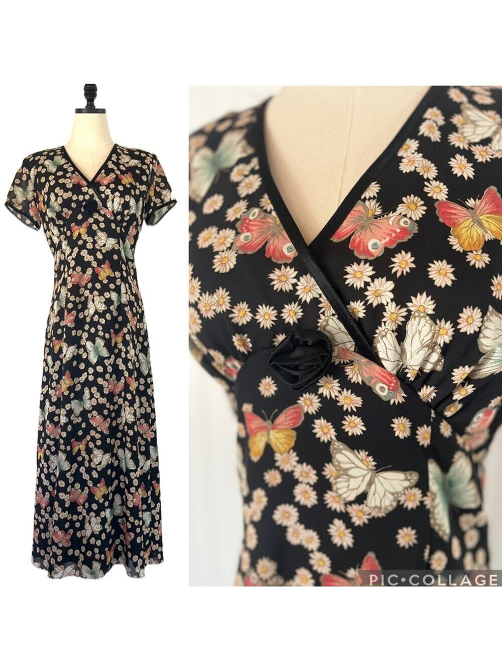 Vintage 90's Black Floral Butterfly Print Maxi Dress Size Medium Satin Rosette
